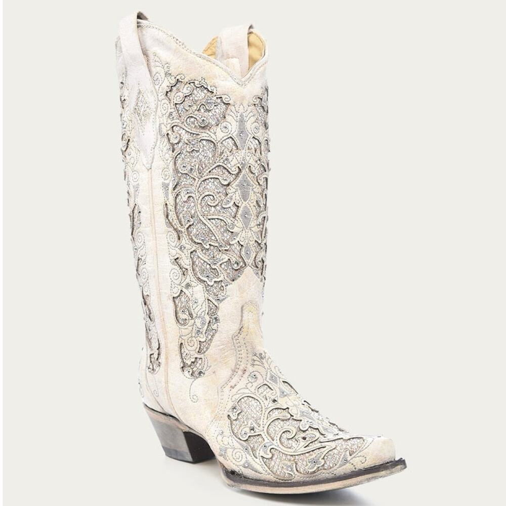 NEW‎ Corral A3322 White Glitter Inlay Crystal Snip Toe Wedding Cowboy Boots SZ 6